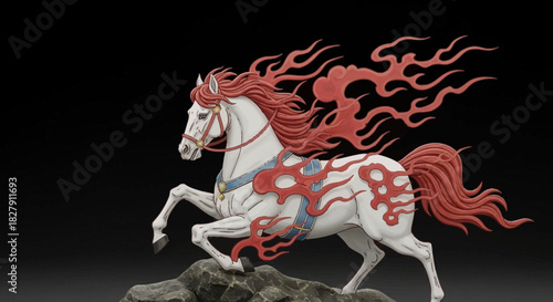 Majestic White Horse With Fiery Mane and Accents Galloping Freely Across Rocks, A Symbol of Power and Speed in Mythical Artistry