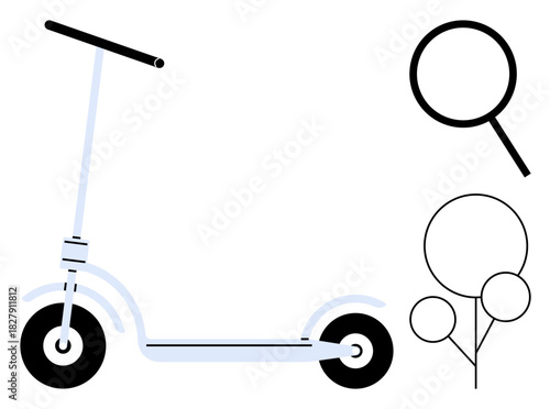 Classic scooter with two wheels and handlebar, magnifying glass, and abstract tree shapes. Ideal for transportation, eco-mobility, exploration, urban design, simplicity, innovation and childhood in
