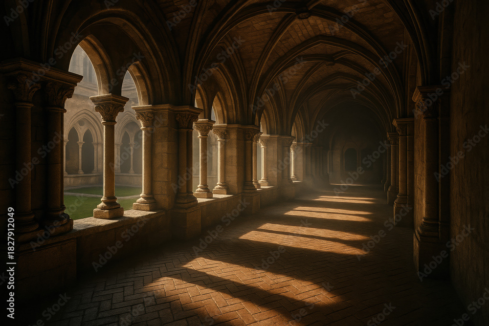 Obraz premium sunlit cloister hallway with arched ceilings and stone columns
