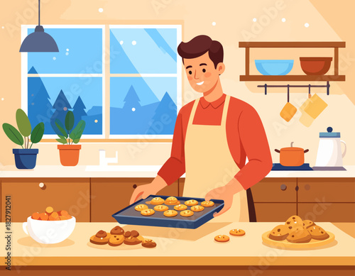 A man in an apron holds a baking sheet of cookies in a warm kitchen, with more cookies on the counter and a winter scene visible through the window.