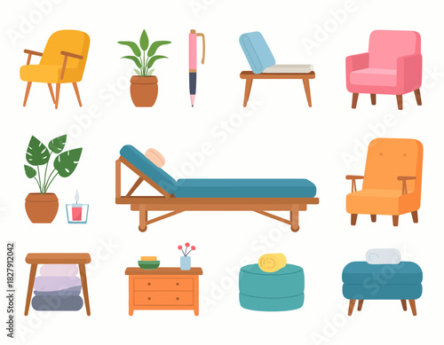 Collection of vector illustrations featuring various furniture pieces, potted plants, and a pen, arranged on a white background.