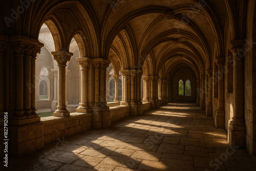 Wallpaper Mural Ancient stone cloister with arched ceilings and sunlight streaming through windows Torontodigital.ca