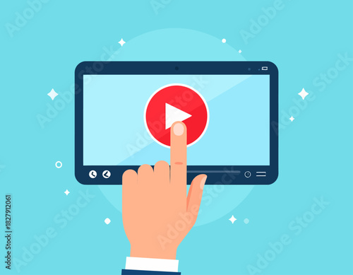 Hand pressing the play button on a tablet screen, surrounded by sparkling effects on a light blue background.