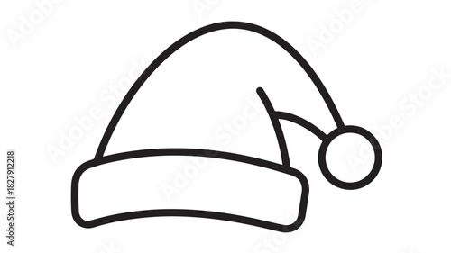 A simple black and white line illustration depicts a classic santa claus hat with a fluffy pompom