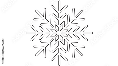 A delicate line drawing depicts a symmetrical snowflake with intricate details and sharp pointed edges