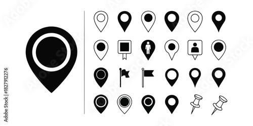 Various Black Location Pins and Map Markers Icons Set, Vector Design