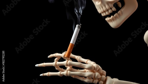 Skeleton smoking cigarette dark background photo studio close-up health concept