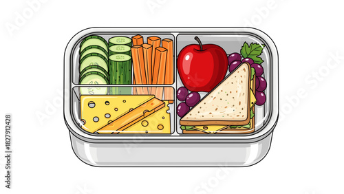 Healthy lunch box with assorted vegetables, fruits, and snacks on white background
