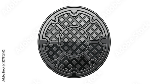 Black round manhole cover with textured pattern on white background
