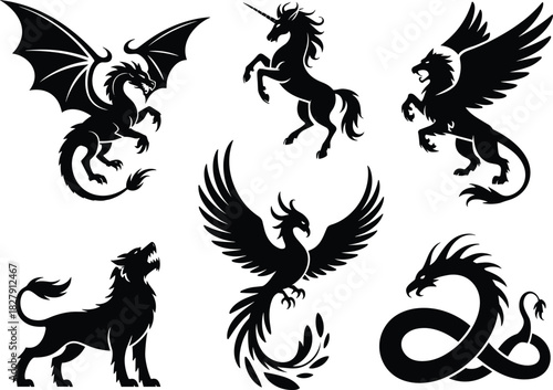 Powerful Mythological Creatures Vector Silhouette Collection Featuring Dragon, Unicorn, Phoenix, Gryphon, and Serpent for Fantasy and Legend Designs.