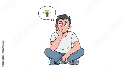 Pensive young man sitting with a thought bubble containing a light bulb, symbolizing a moment of creative inspiration or a new idea
