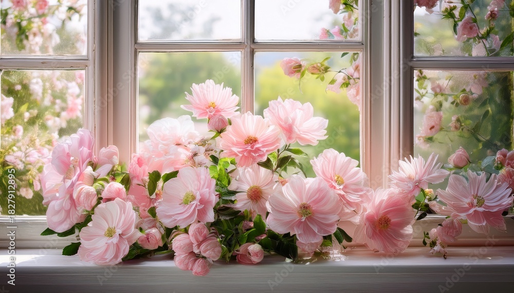 Fototapeta premium Pastel Pink Flowers On A Vintage Window Sill