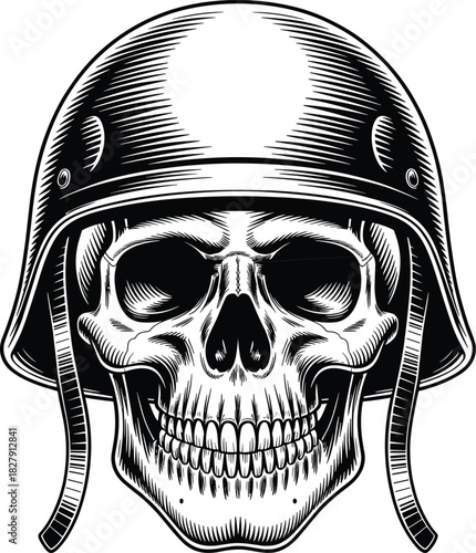 Black and white skull wearing a military helmet death