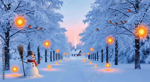 Snowman stands proudly in winter wonderland with glowing lights and a broom.