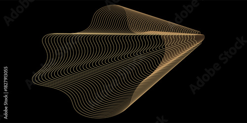 Abstract circle wave lines, gradient light equalizer gold wavy curve. Round frame in luxury golden color isolated on black background. Editable stroke. Vector illustration with copy space