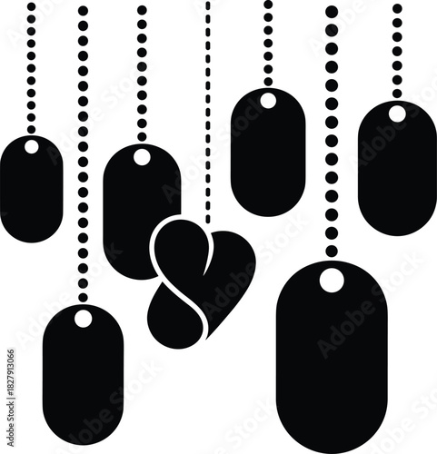 Black dog tags and heart graphic on white military tag