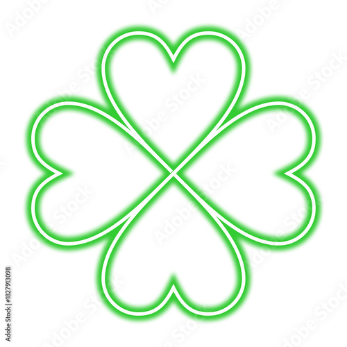 A four-leaf clover illustration, composed of heart shapes, with a vibrant green neon glow effect on a white background.