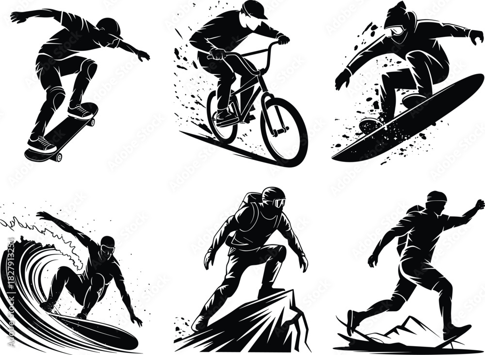 Obraz premium Dynamic Extreme Adventure Sports Vector Silhouette Collection Featuring Skateboarder, Snowboarder, BMX Biker, Surfer, Climber, and Off-Road Runner.