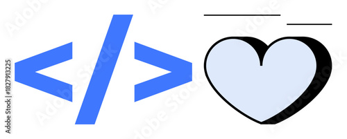 Coding bracket paired with a minimal heart symbol in contrasting colors. Ideal for technology, creativity, web design, innovation, connection, digital culture, and passion. A simple flat metaphor