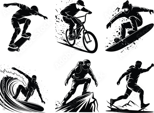 Dynamic Extreme Adventure Sports Vector Silhouette Collection Featuring Skateboarder, Snowboarder, BMX Biker, Surfer, Climber, and Off-Road Runner.