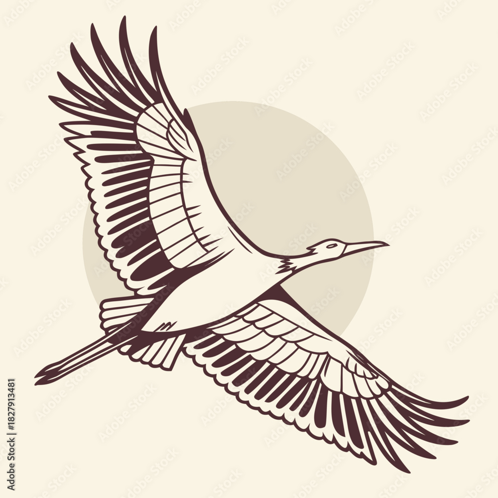 Fototapeta premium Elegant crane in flight against a soft circular background