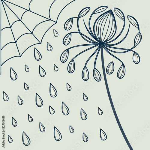 Delicate spiderweb and raindrops under a blooming plant