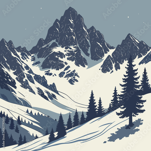 Majestic snow covered mountains and pine trees under a starry sky