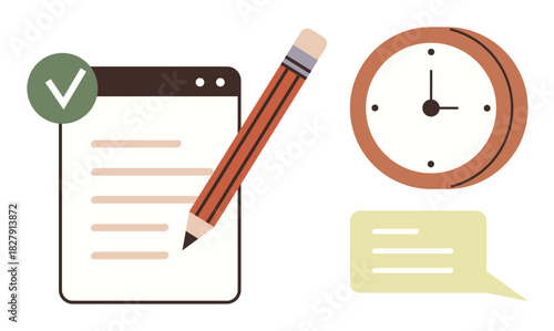 Notepad with checklist and checkmark, pencil, wall clock, and speech bubble. Ideal for time management, planning, scheduling, organization productivity communication success. A simple flat