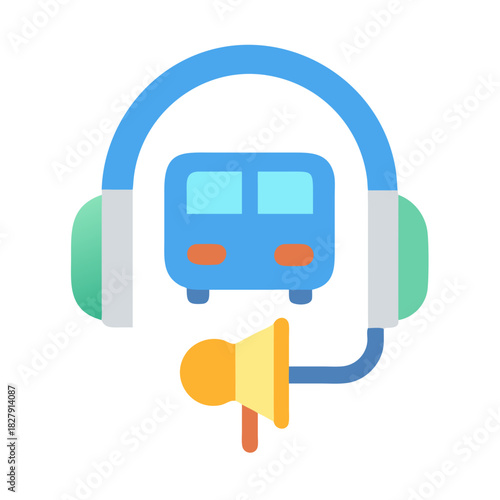 School bus tour guide icon, support headset microphone concept