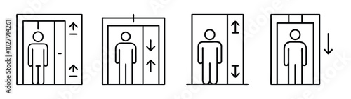 Elevator lift icon set showing up down movement with passenger vector design illustration graphic