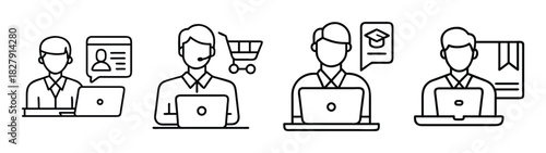 Online customer support team working on laptops vector illustration for business and service