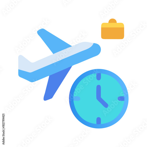 Airplane clock and luggage travel time management concept graphic
