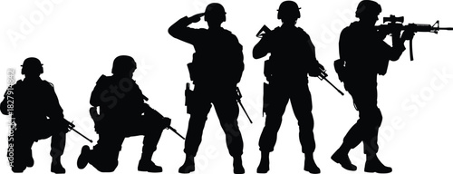 Five black silhouette soldiers in various poses with rifles