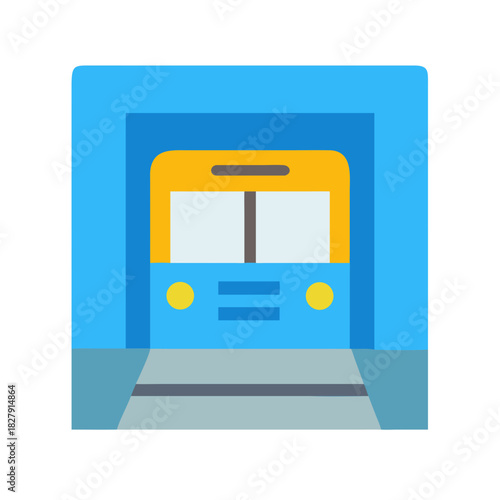 Cartoon subway train emerging from tunnel entrance illustration