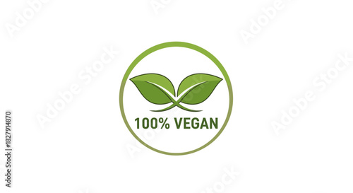100 Vegan Symbol with Green Leaves in a Circle.