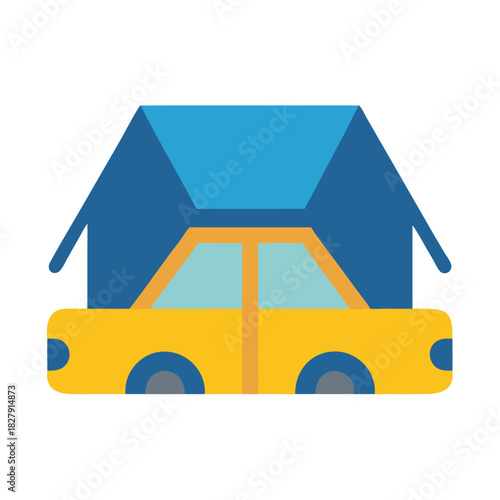 Geometric car illustration parked under a blue carport roof