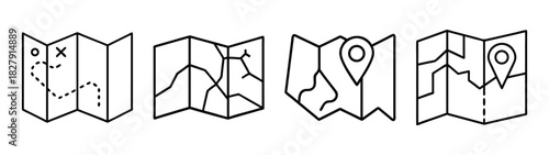 Vector illustration of folded map icons set for travel, location, and adventure planning design