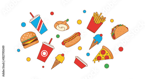 Assortment of Colorful Fast Food Items Illustration.