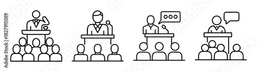 Public speaking event conference presentation speech lecturer seminar meeting audience vector icon set