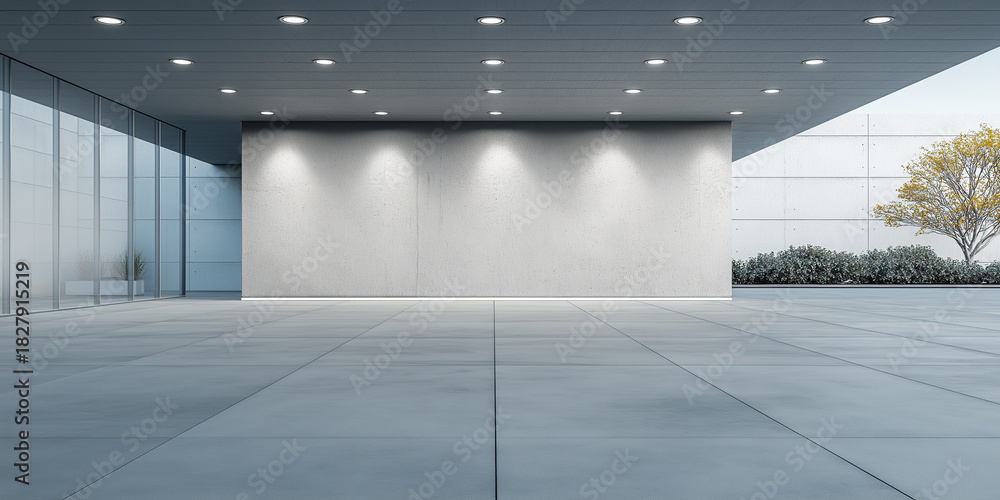 Naklejka premium Modern architectural background with clean lines, expansive glass walls and concrete floor. Open space ideal for showcasing designs, product presentations or car park display in contemporary setting.