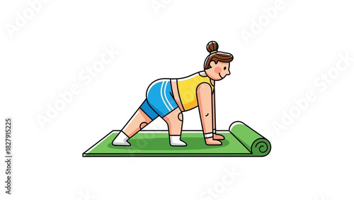 Adorable cartoon illustration of a cheerful woman finding joy in exercise, practicing yoga on her mat, embodying a healthy and active lifestyle