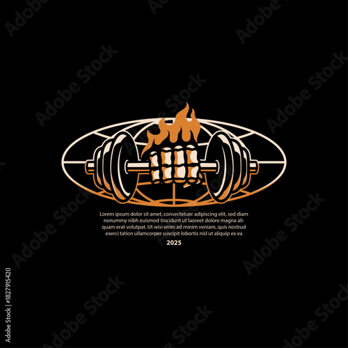 A dynamic graphic illustration on a black background, showcasing a flaming fist intensely gripping a dumbbell, encircled by an abstract global grid. This powerful design symbolizes strength, determina