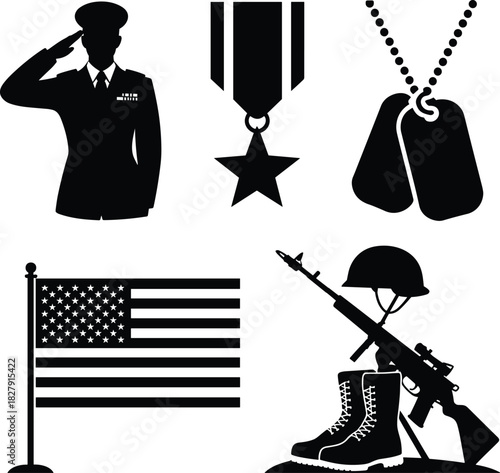 Military Icons Salute American Flag and Combat Gear