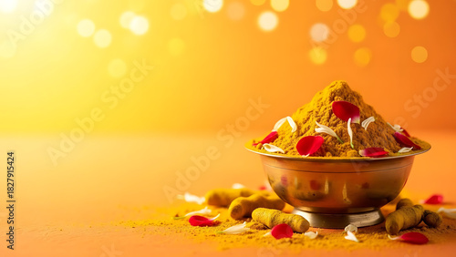 Traditional indian haldi ceremony powder and petals in a decorative bowl