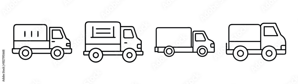 Fototapeta premium Delivery trucks vector illustration set commercial transport vehicles logistics and distribution line art