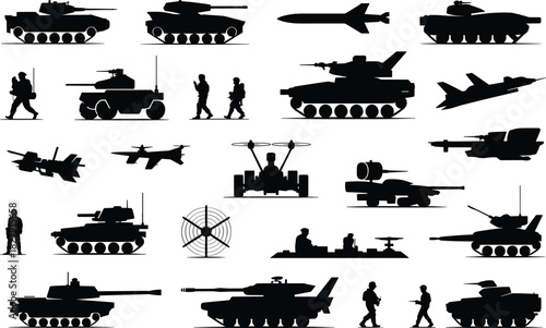 Silhouette collection of military vehicles and soldiers
