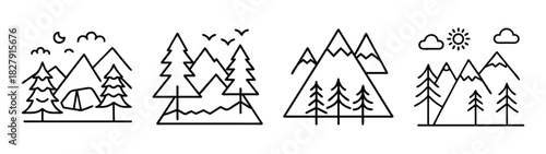 Mountain landscape vector illustration with trees, sun and clouds for outdoor adventure design