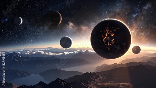 Planets and Mountains in Starry Sky Pixelated Aesthetic Digital Art, Featuring Multiple celestial orbs and a pixelated mountain range, night scene with clouds