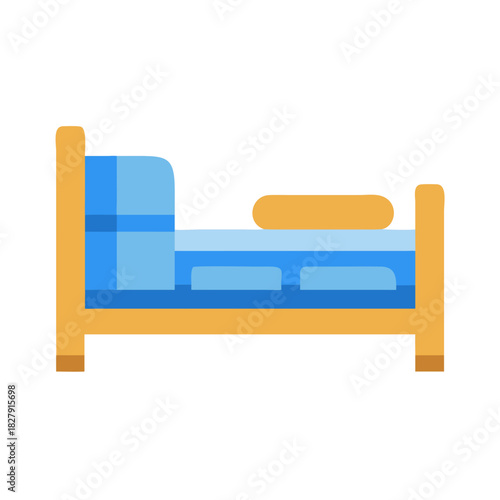 Stylized bed illustration with blue bedding and golden frame