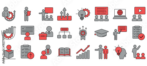 Flat solid upskill icon set featuring training, learning, course, certificate, growth, and online class. Ideal for UI, apps, and education.